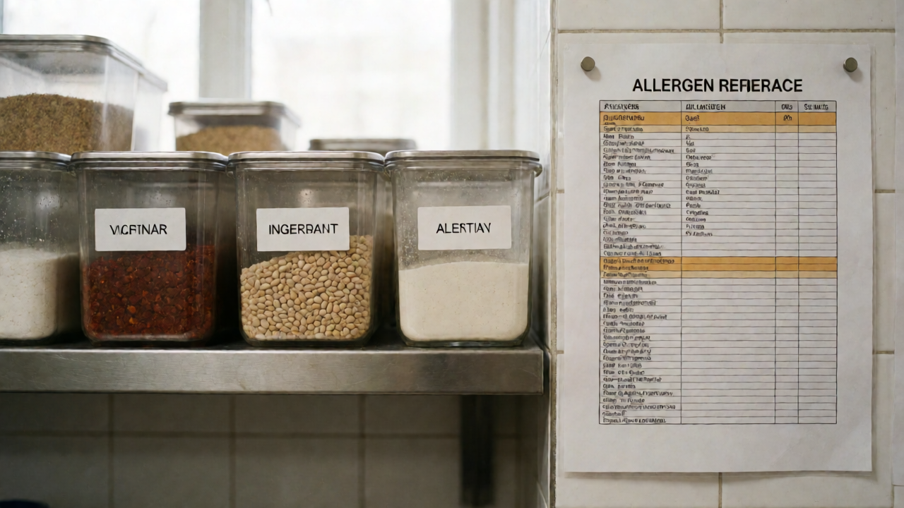 A commercial kitchen shelf of labelled ingredient containers beside a wall-pinned reference sheet