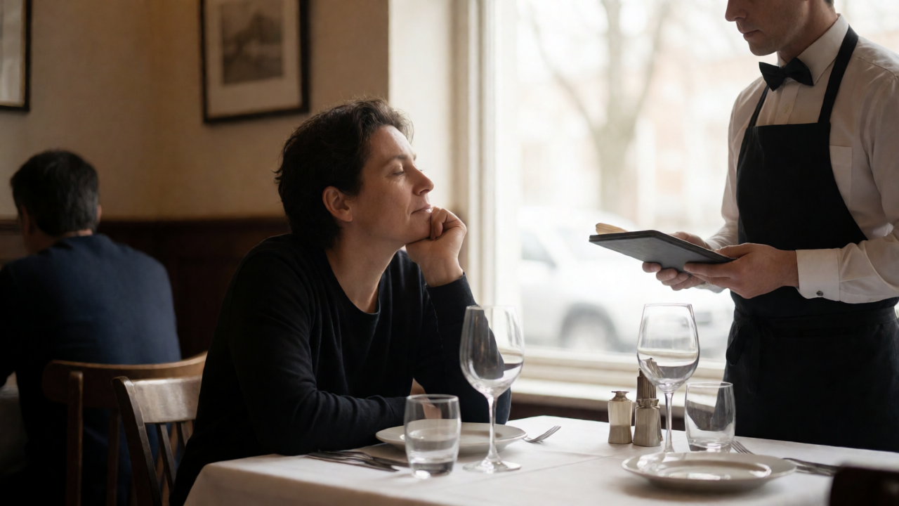 A relaxed diner ordering at a restaurant table while the waiter listens