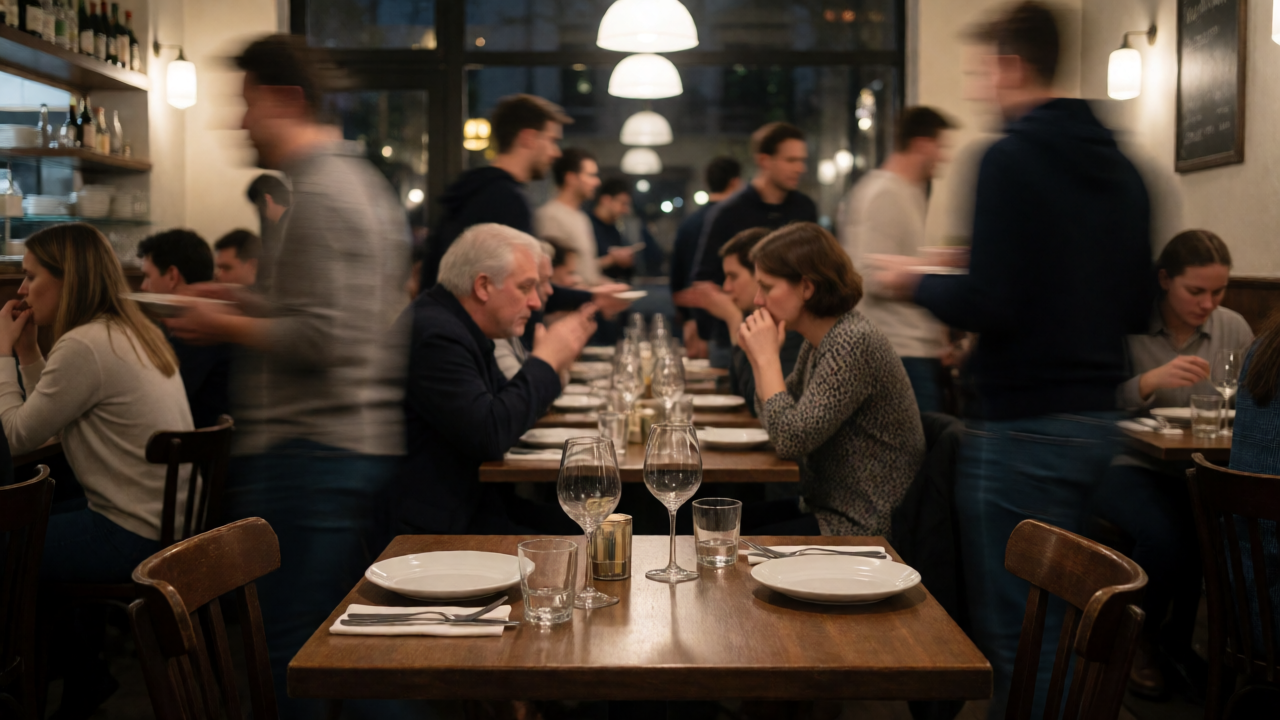 A crowded restaurant interior at night seen from one still table, people blurred around it