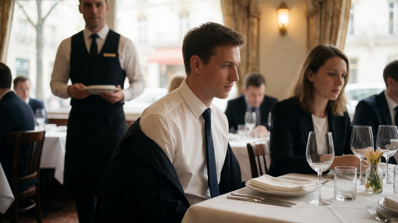 The first moment after sitting down at a restaurant table, a waiter approaching behind