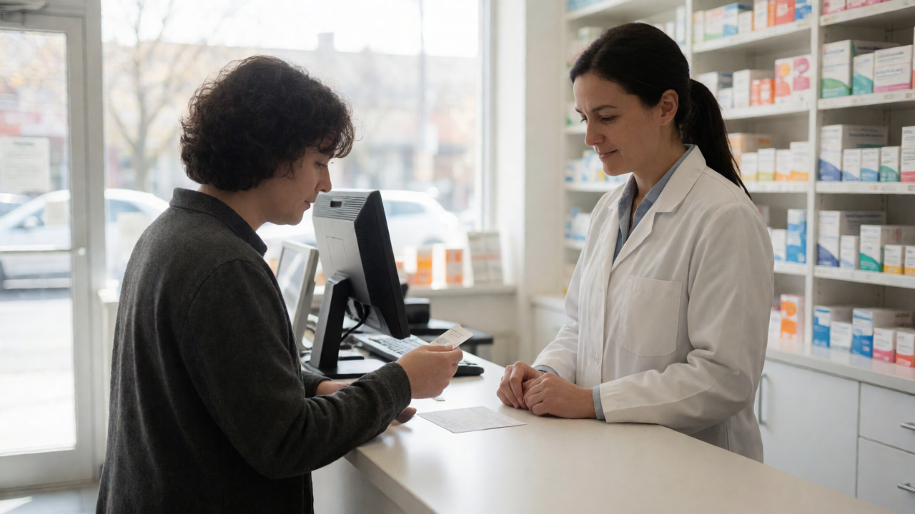 A person showing a small card at a pharmacy counter while the pharmacist nods